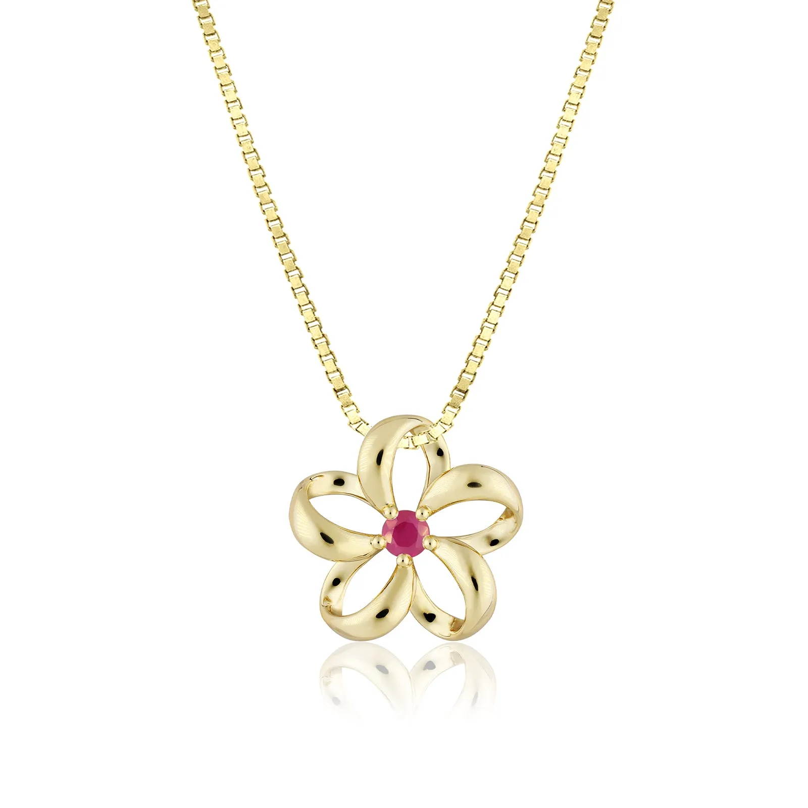 14K Gold Floating Plumeria Ruby Pendant