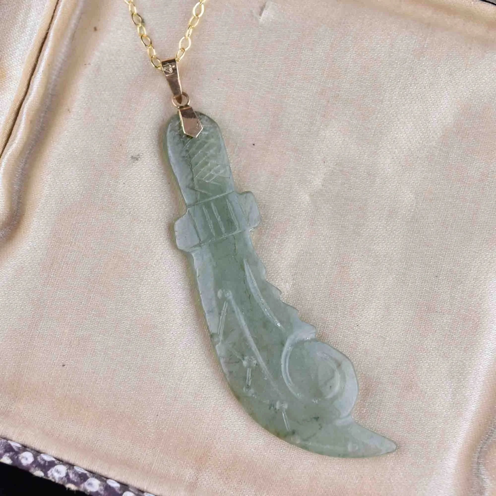 14K Gold Jade Broadsword Pendant Necklace