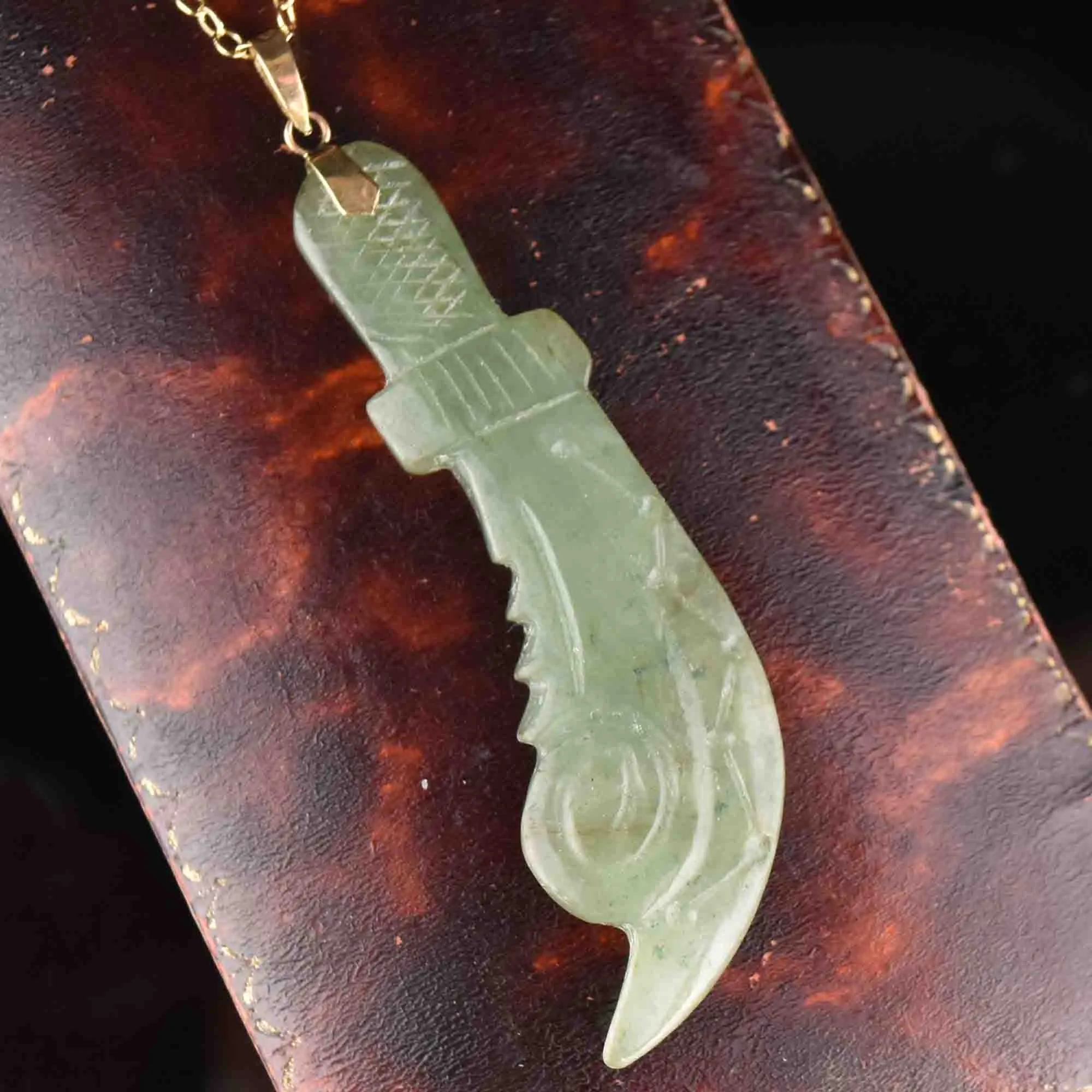 14K Gold Jade Broadsword Pendant Necklace