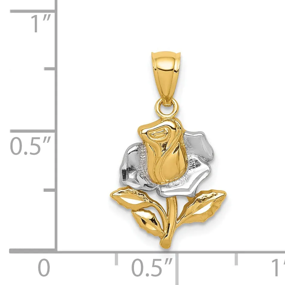 14K Two-tone Gold  Casted Solid Polished Finish Rose Charm Pendant