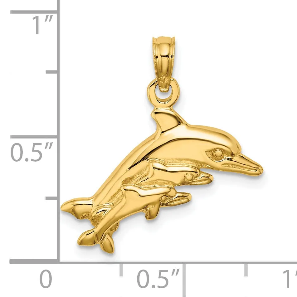 14K Yellow Gold Polished Finish Dolphin with 2 Baby Design Charm Pendant