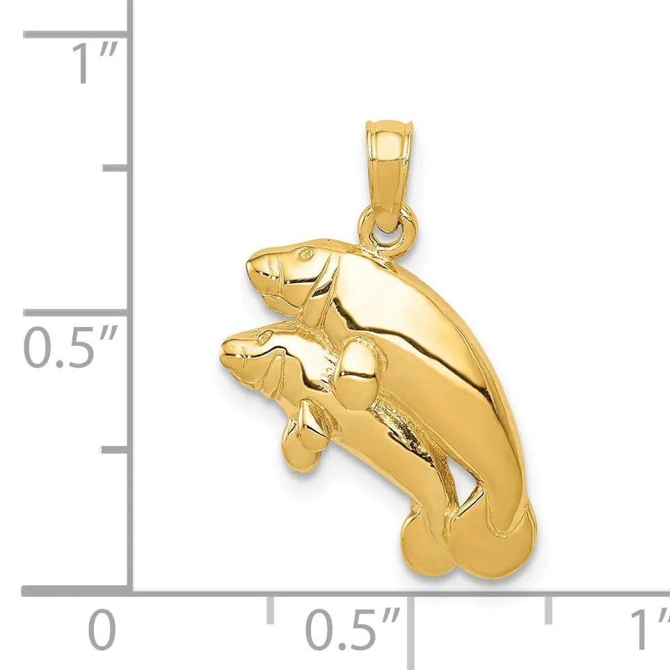 14k Yellow Gold Solid Polished Finish Double Manatee Design Charm Pendant