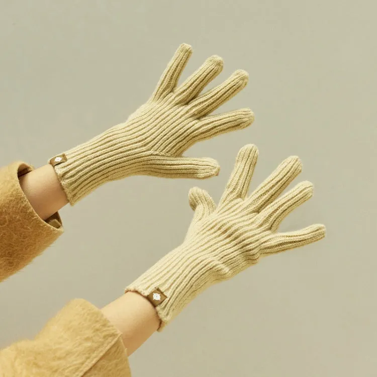 227-A0124 Wool Knit Striped Warm Touchscreen Gloves Winter Warm Cycling Gloves(Light Khaki)