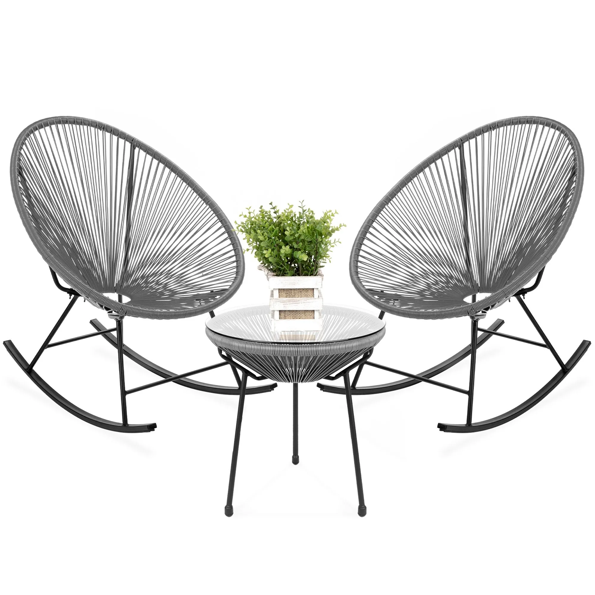 3-Piece Patio Woven Rope Acapulco Rocking Chair Bistro Set