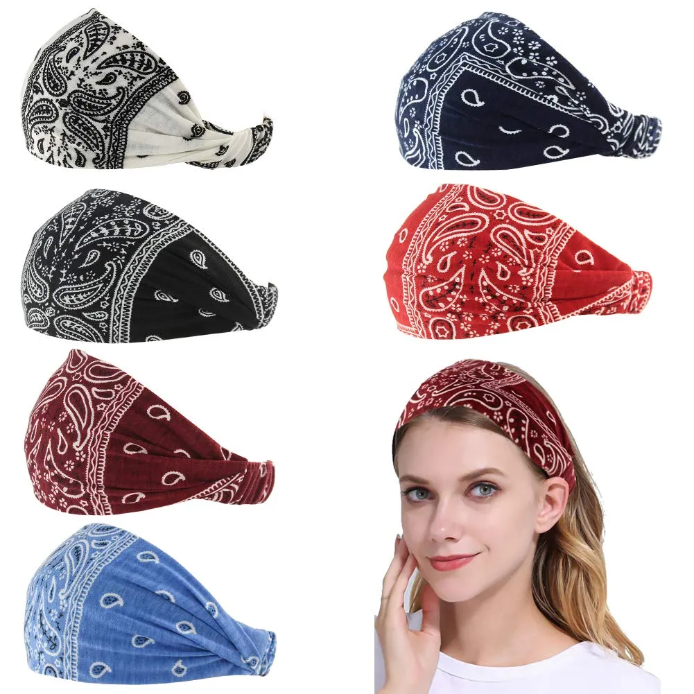 6 Pack Paisley Bandana Headband for Women with Elastic Yoga Turban