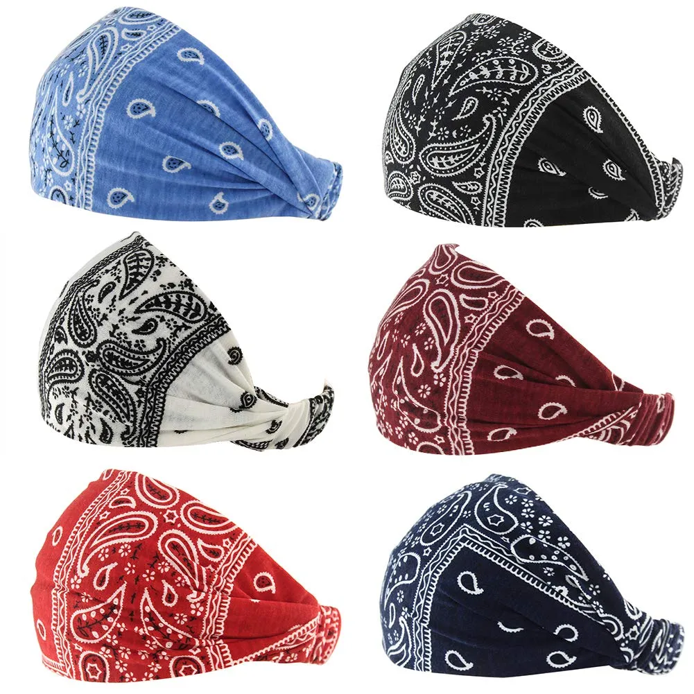 6 Pack Paisley Bandana Headband for Women with Elastic Yoga Turban