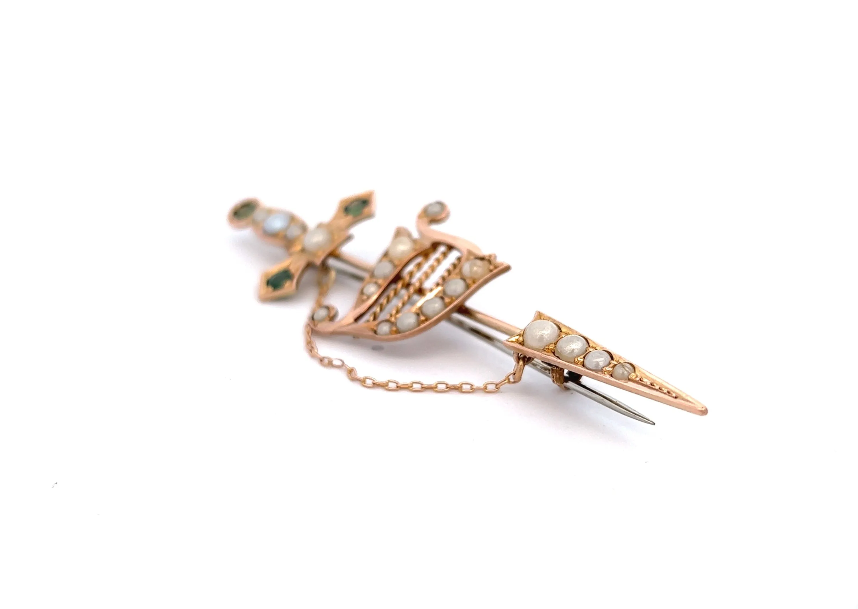 9ct Yellow Gold Green Garnet & Pearl Sword Vintage Brooch