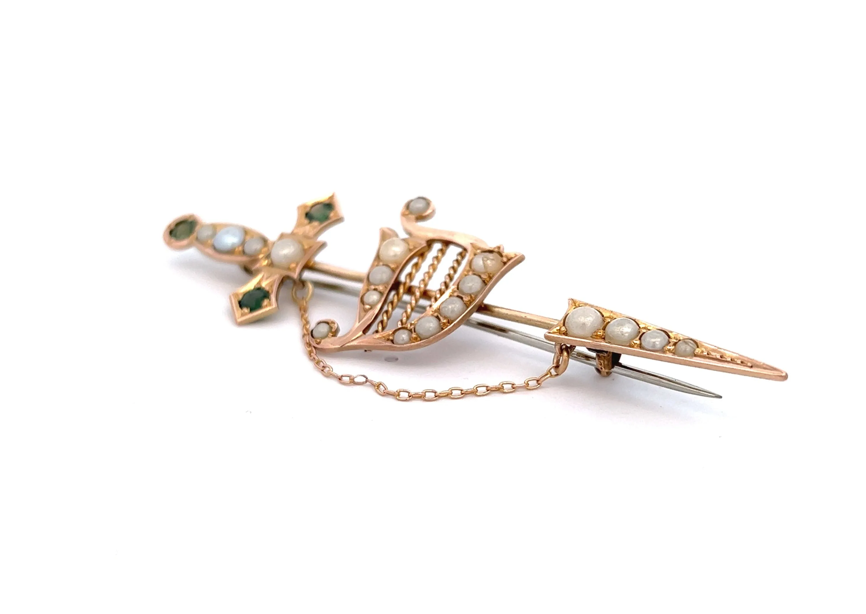 9ct Yellow Gold Green Garnet & Pearl Sword Vintage Brooch