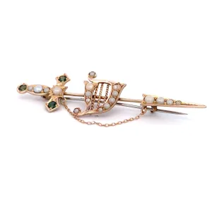 9ct Yellow Gold Green Garnet & Pearl Sword Vintage Brooch