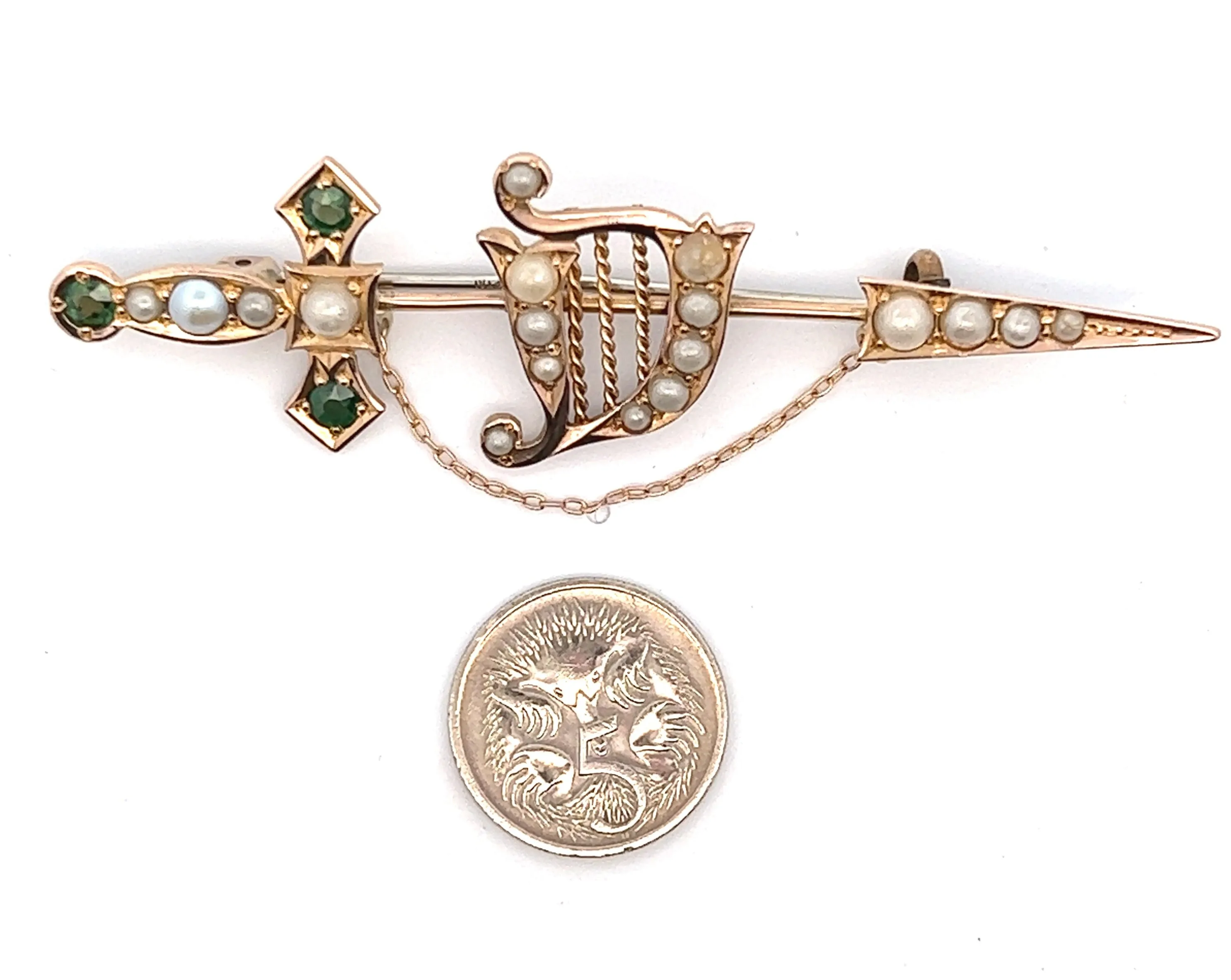 9ct Yellow Gold Green Garnet & Pearl Sword Vintage Brooch