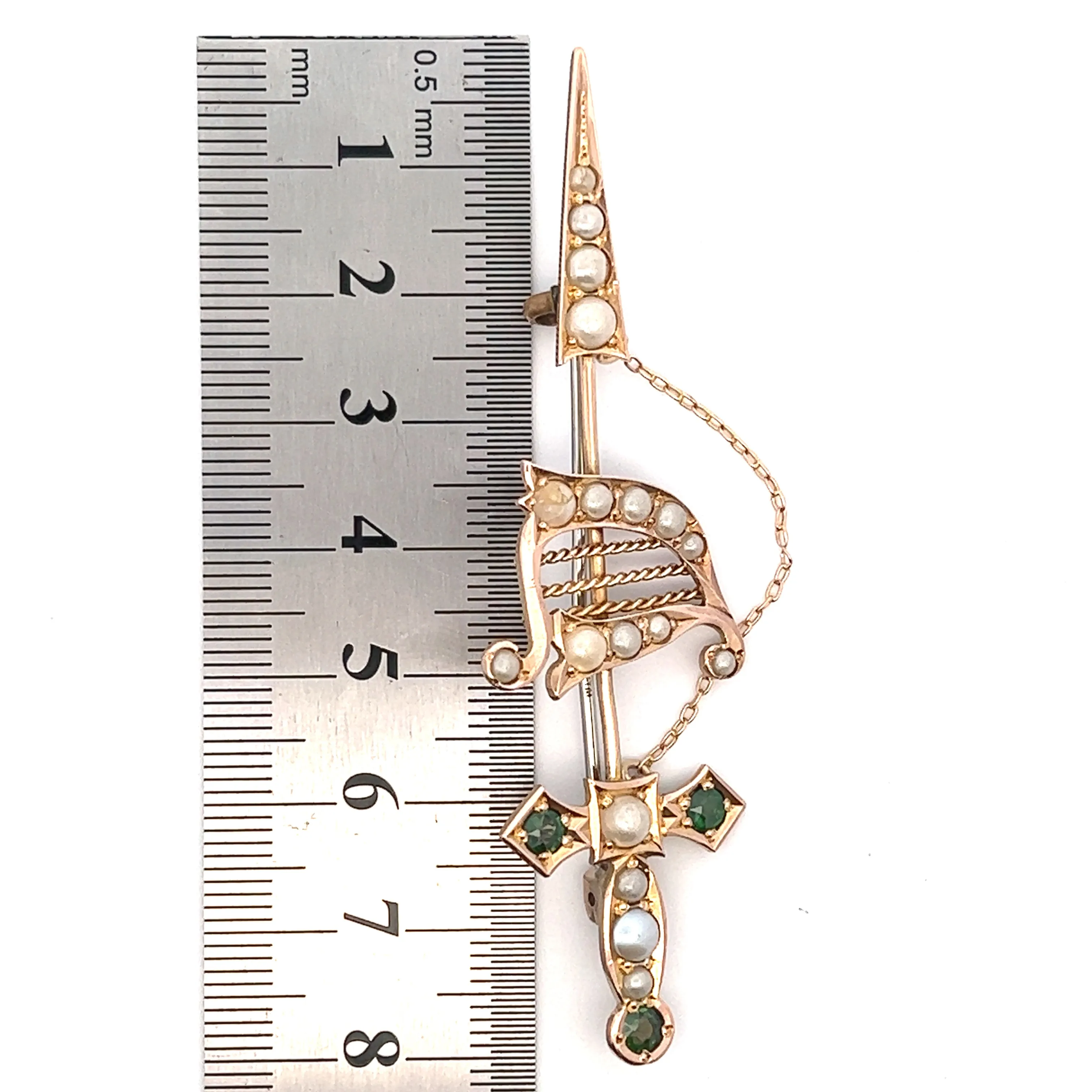 9ct Yellow Gold Green Garnet & Pearl Sword Vintage Brooch