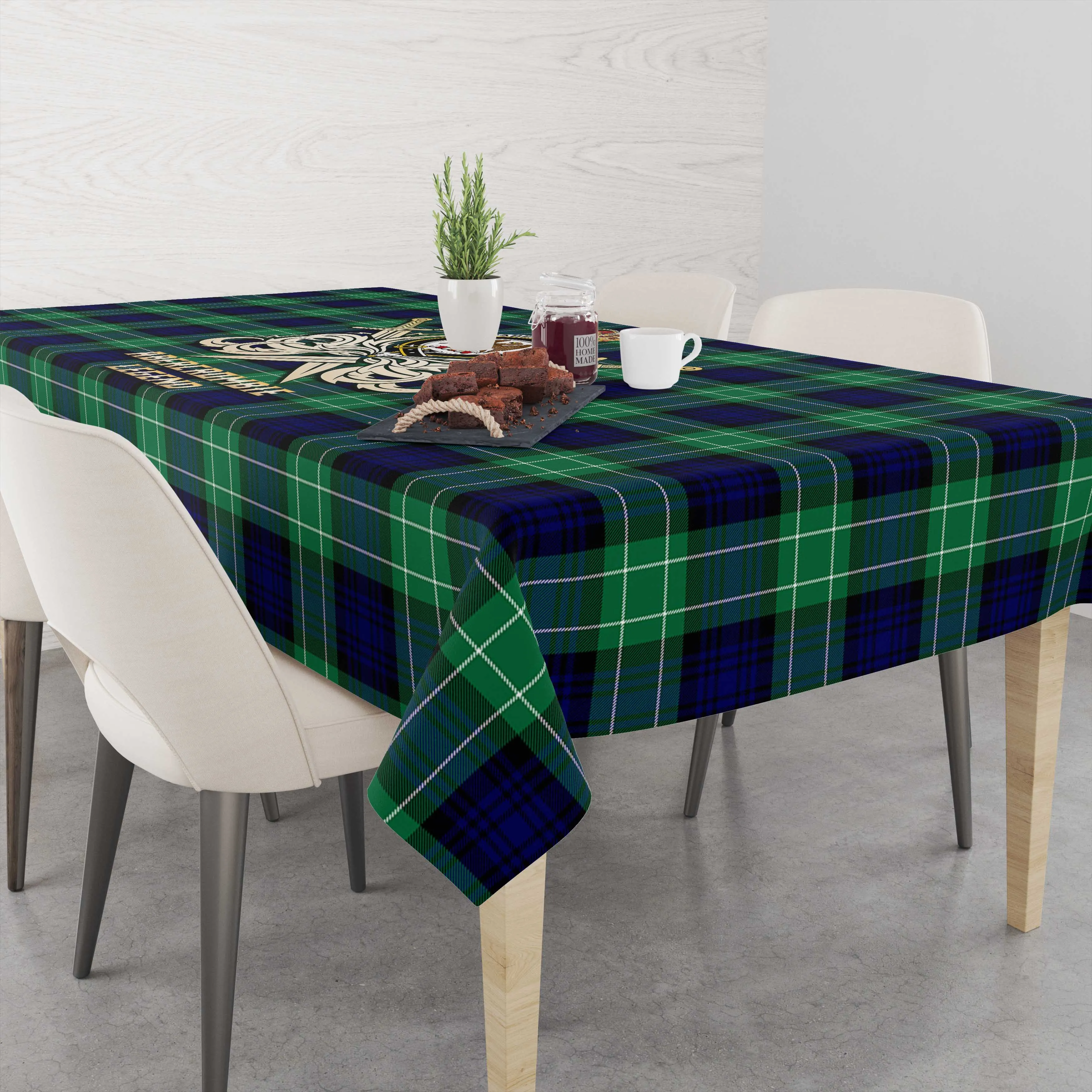 Abercrombie Tartan Tablecloth with Clan Crest and the Golden Sword of Courageous Legacy