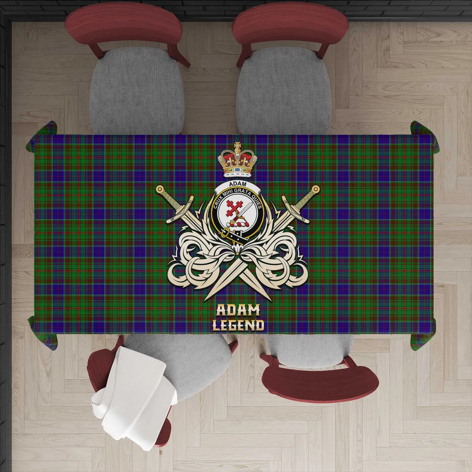 Adam Tartan Tablecloth with Clan Crest and the Golden Sword of Courageous Legacy