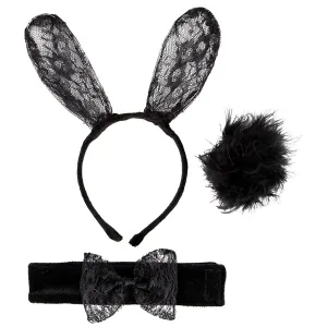 Adults 3 Piece Black Lace Bunny Set Ears Bow Tie Fluffy Tail