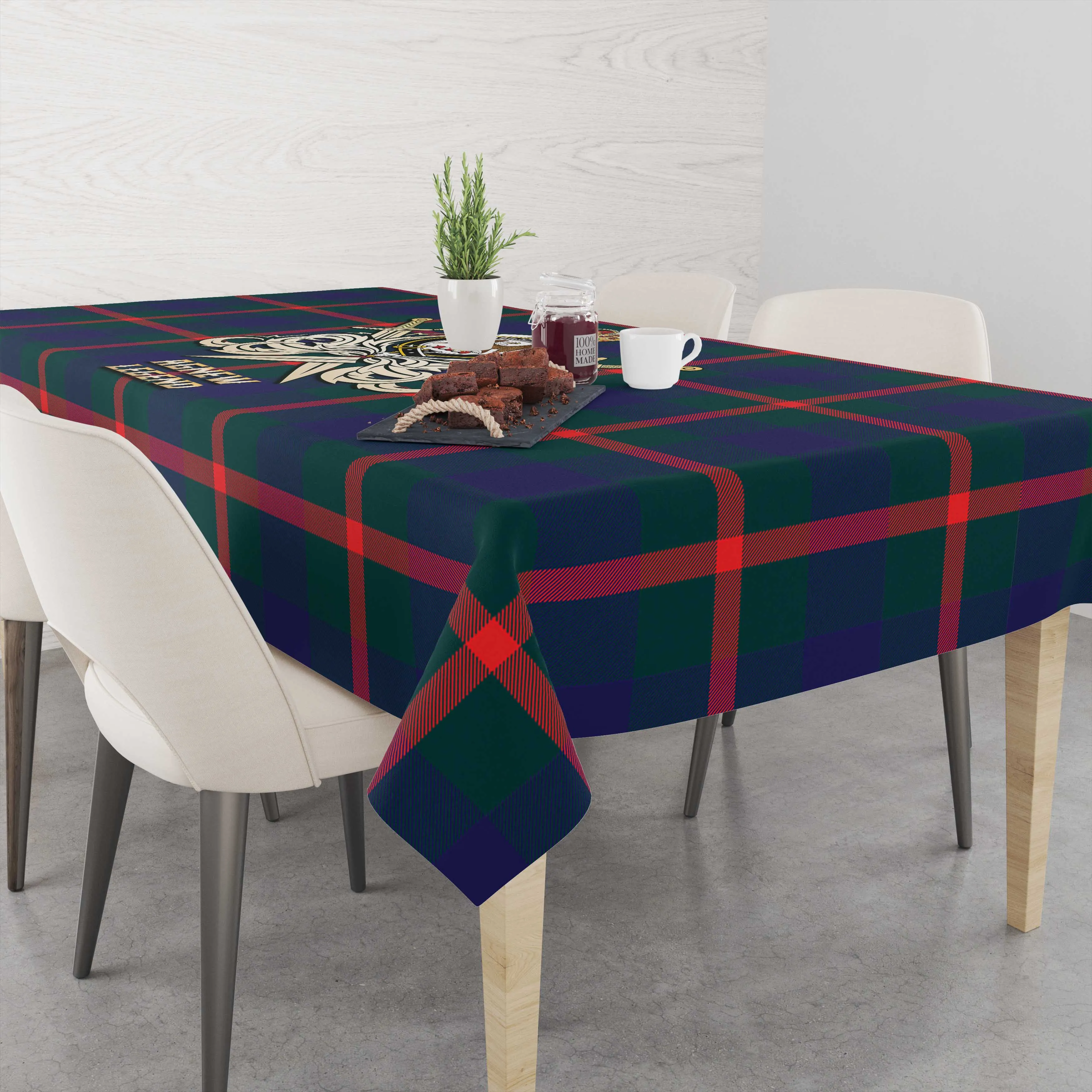 Agnew Tartan Tablecloth with Clan Crest and the Golden Sword of Courageous Legacy