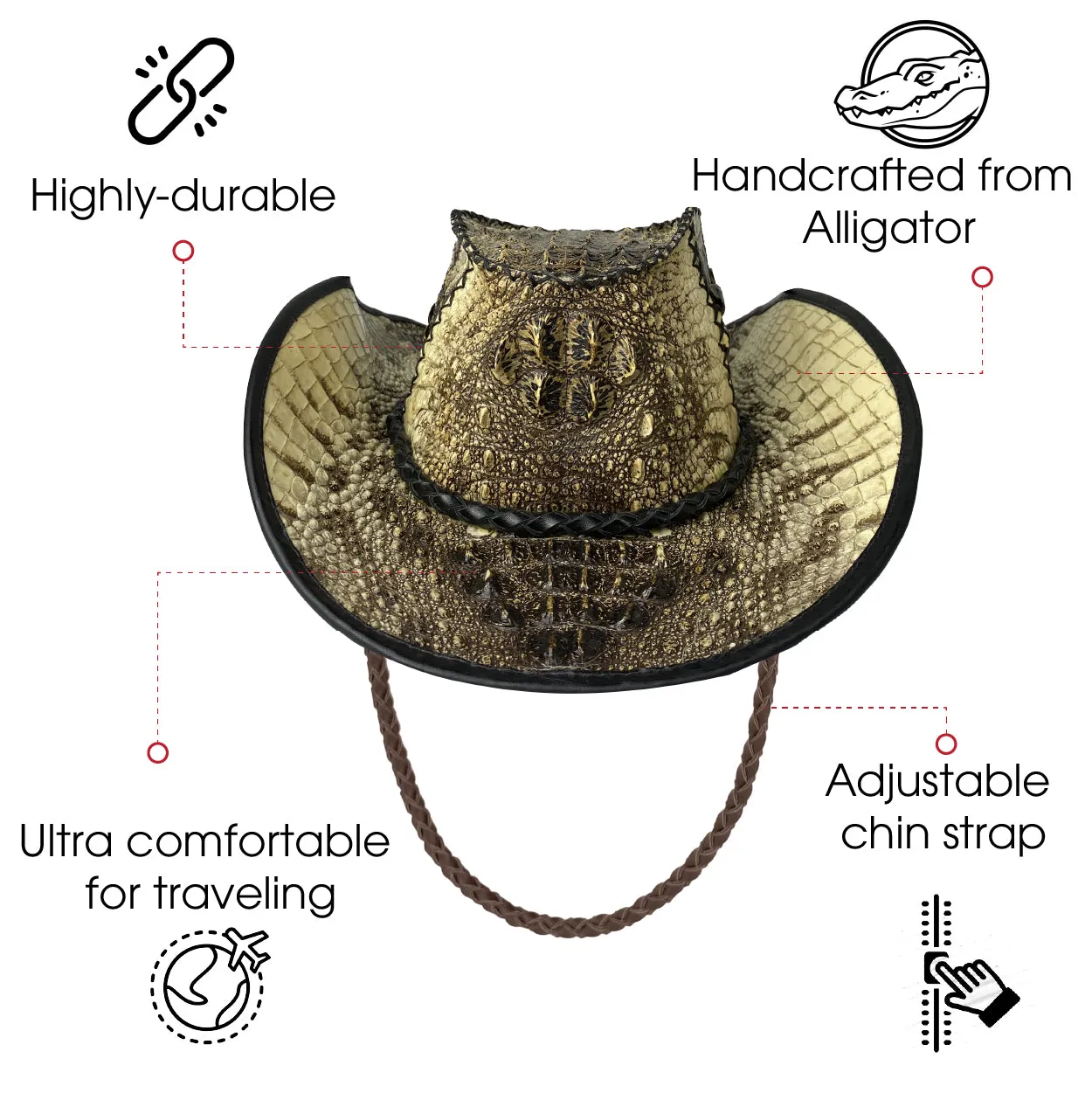 Alligator Cowboy Hat | Mens Crocodile Skin Western Style Hat With Chin Cord | HAT-VANH-05