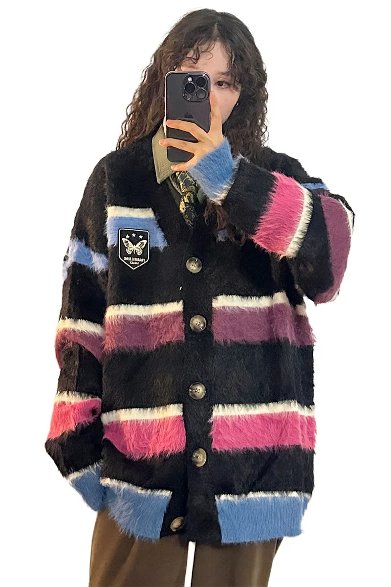 American Retro Hong Kong Style Mohair Striped Sweater Cardigan Knit Jacket