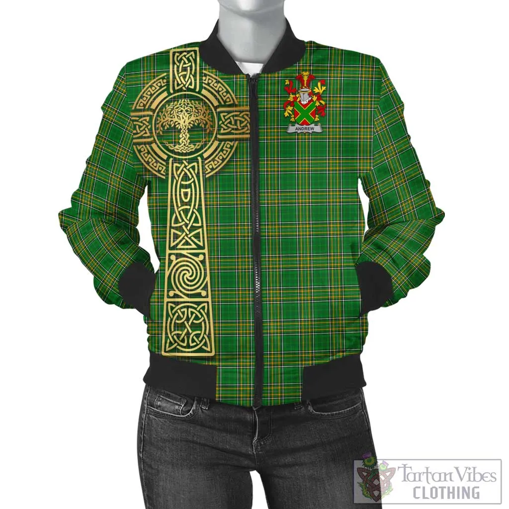 Andrew Irish Clan Tartan Bomber Jacket with Coat of Arms Celtic Tree of Life Style