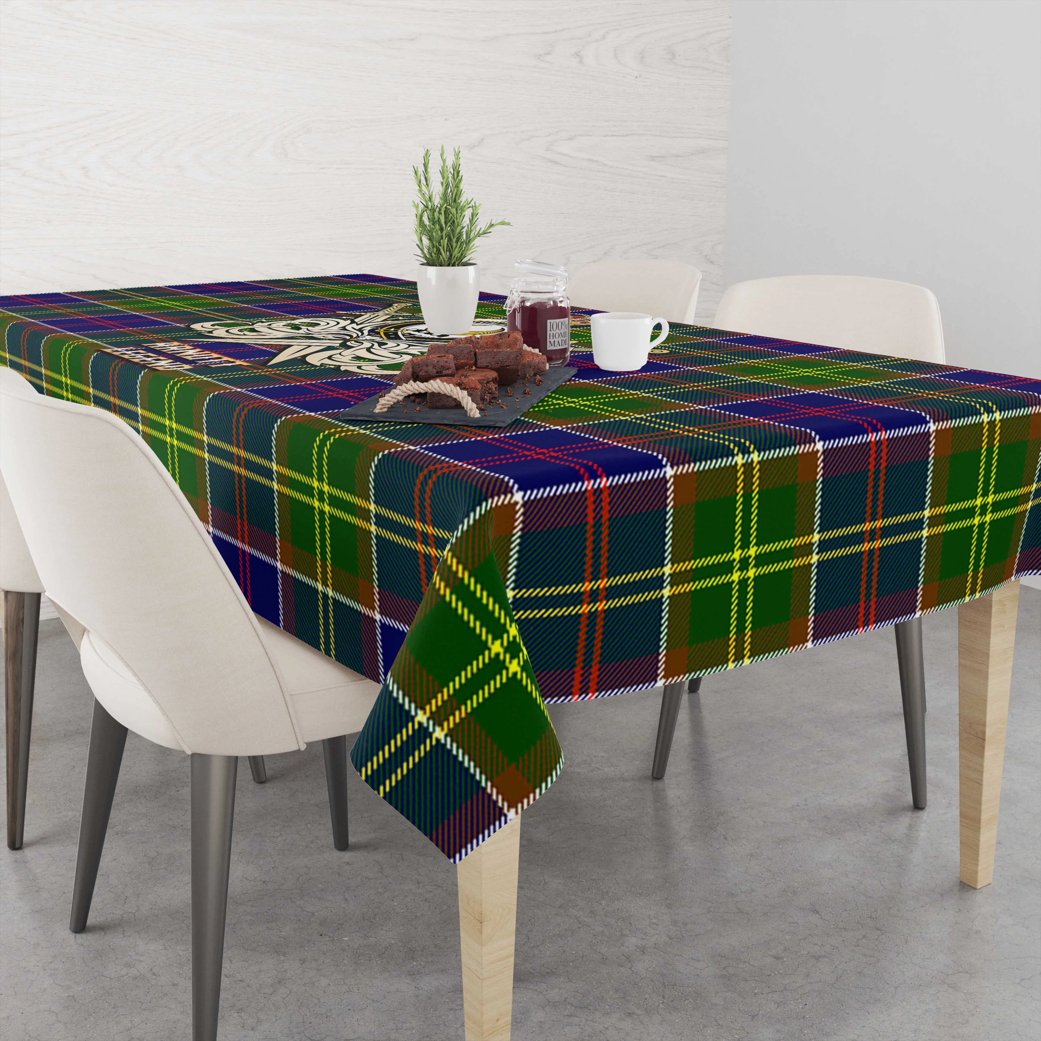 Arnott Tartan Tablecloth with Clan Crest and the Golden Sword of Courageous Legacy