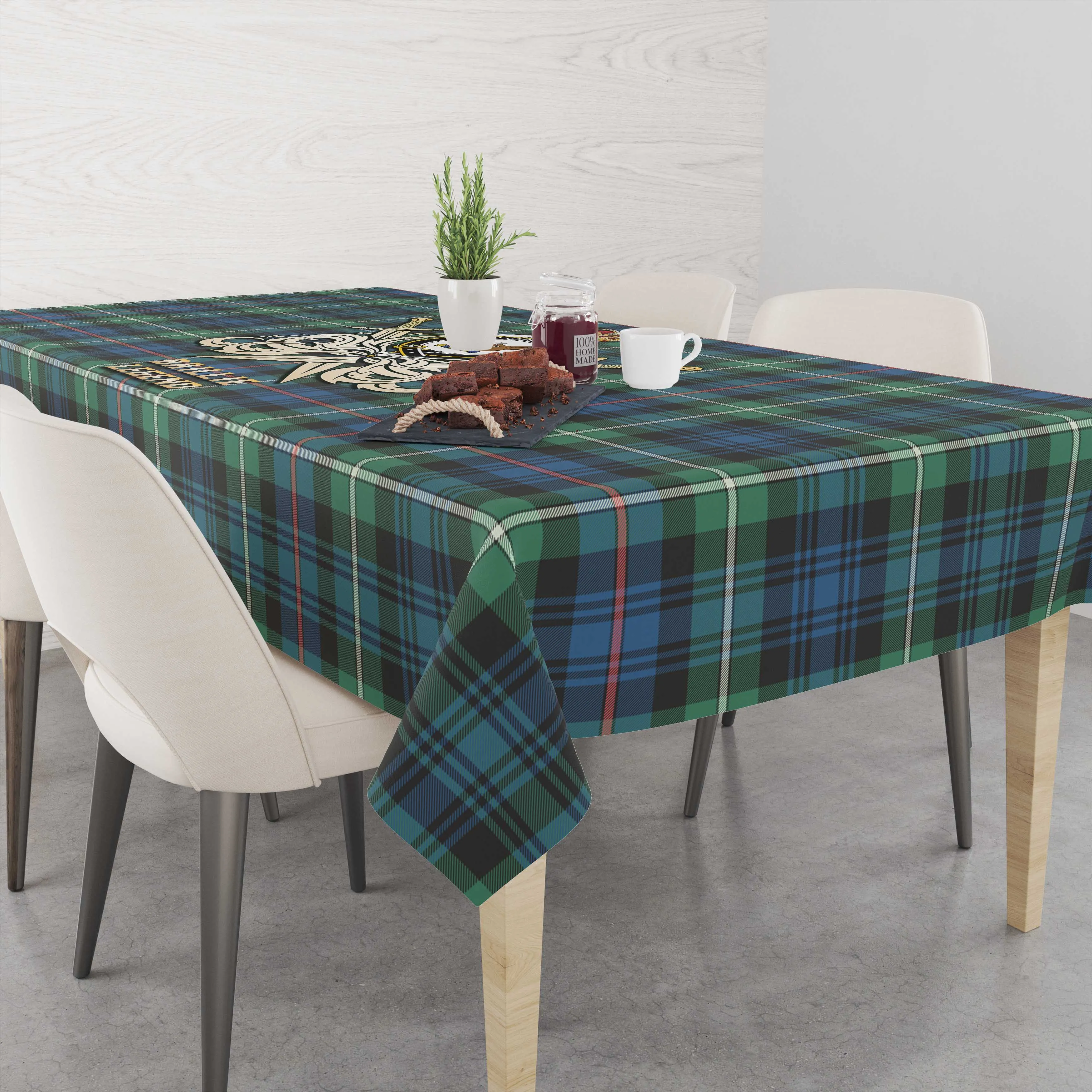 Baillie Ancient Tartan Tablecloth with Clan Crest and the Golden Sword of Courageous Legacy