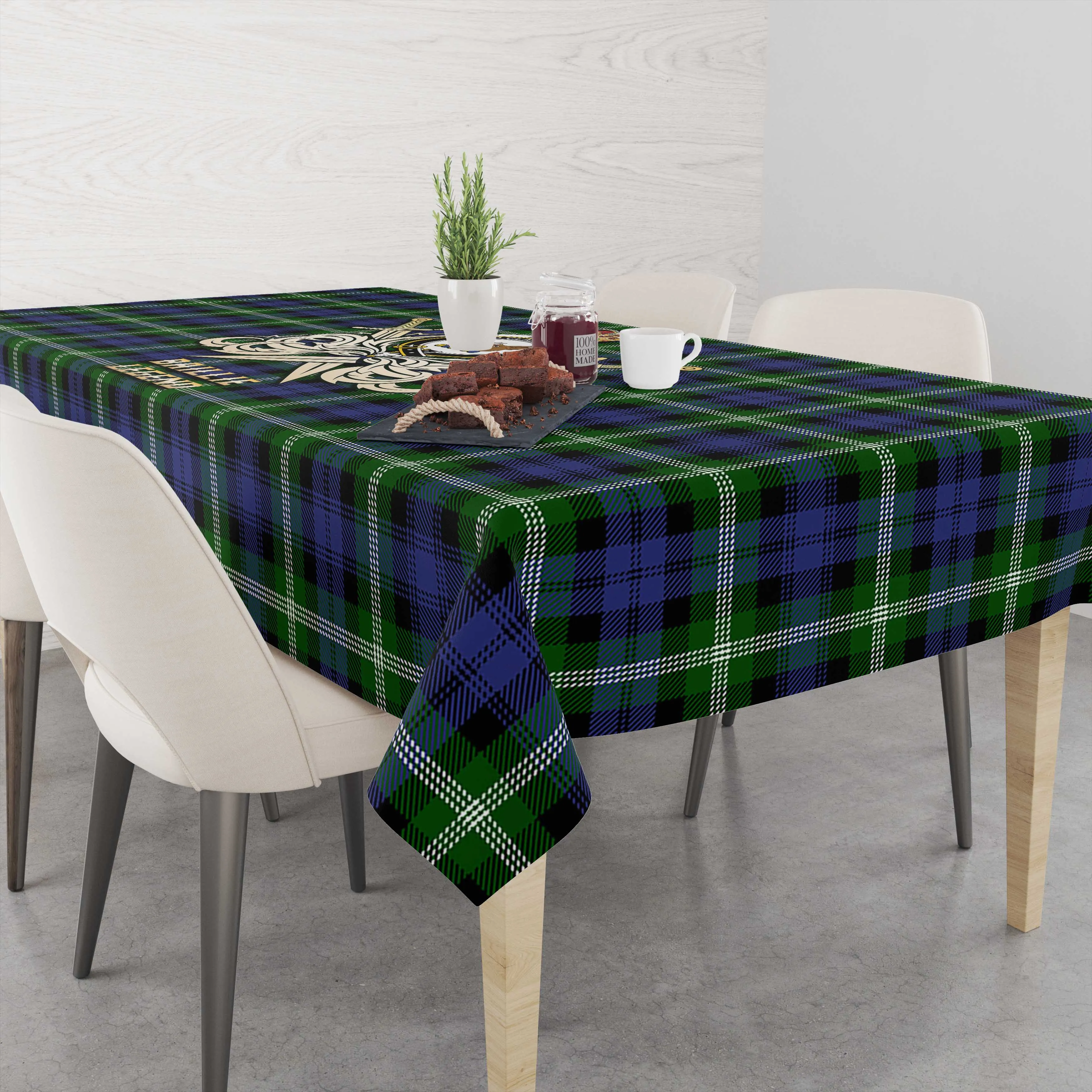 Baillie (Bailey) Tartan Tablecloth with Clan Crest and the Golden Sword of Courageous Legacy