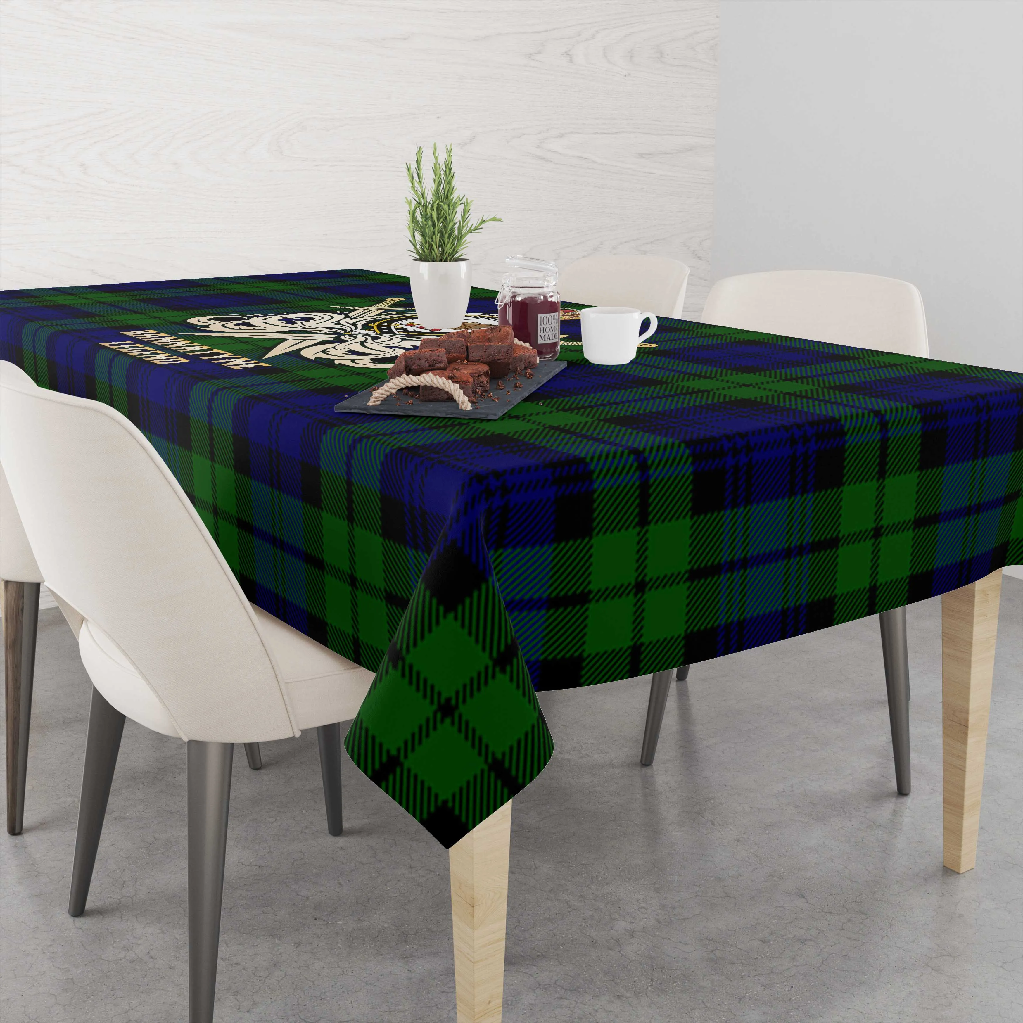 Bannatyne Tartan Tablecloth with Clan Crest and the Golden Sword of Courageous Legacy