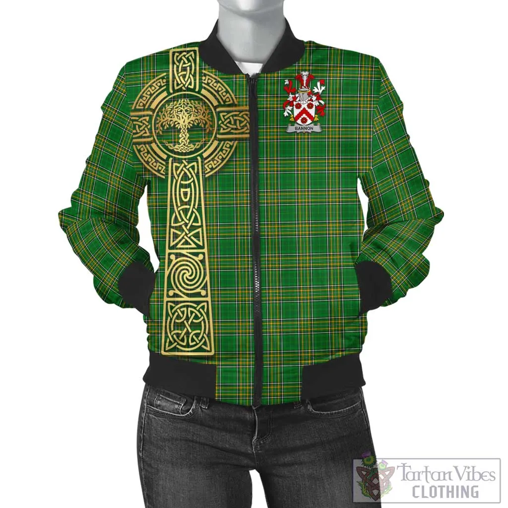 Bannon Irish Clan Tartan Bomber Jacket with Coat of Arms Celtic Tree of Life Style