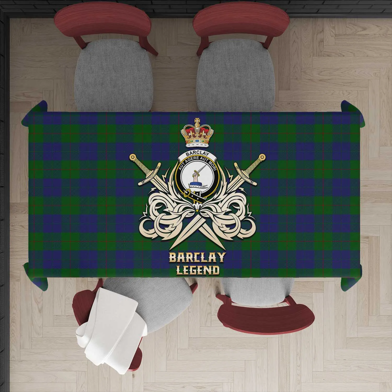 Barclay Tartan Tablecloth with Clan Crest and the Golden Sword of Courageous Legacy