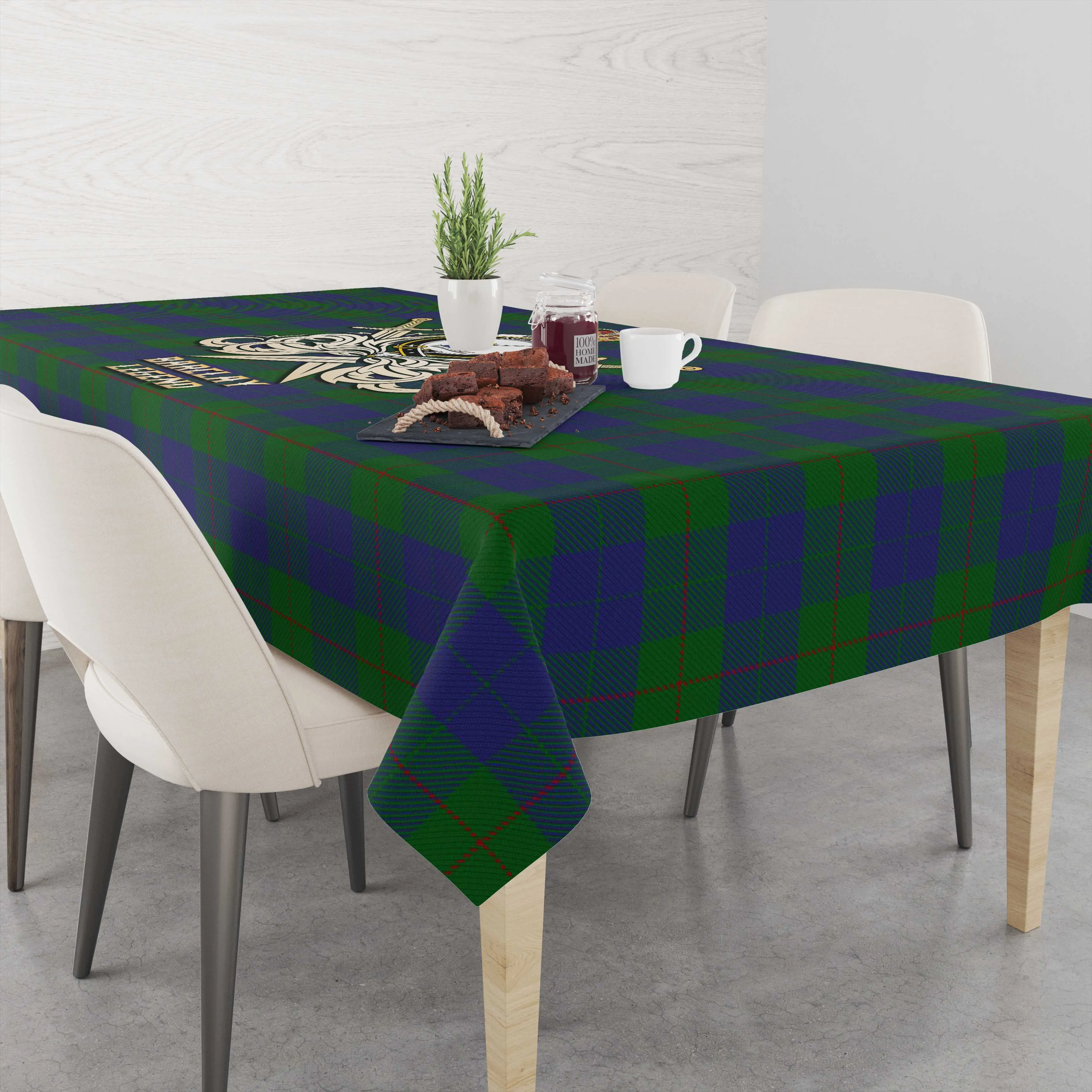 Barclay Tartan Tablecloth with Clan Crest and the Golden Sword of Courageous Legacy