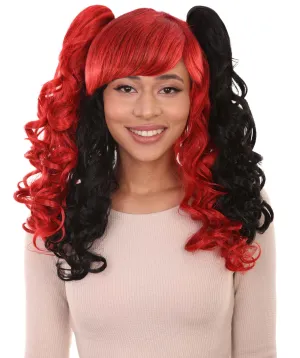 Black and Red Jester Womens Wig | Long Curly Cosplay Halloween Wig | Premium Breathable Capless Cap