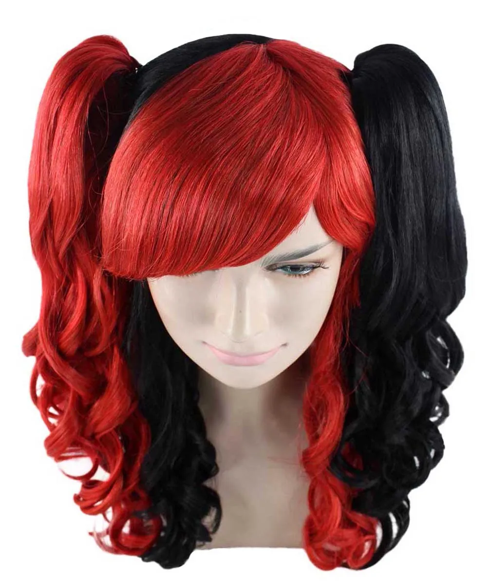 Black and Red Jester Womens Wig | Long Curly Cosplay Halloween Wig | Premium Breathable Capless Cap