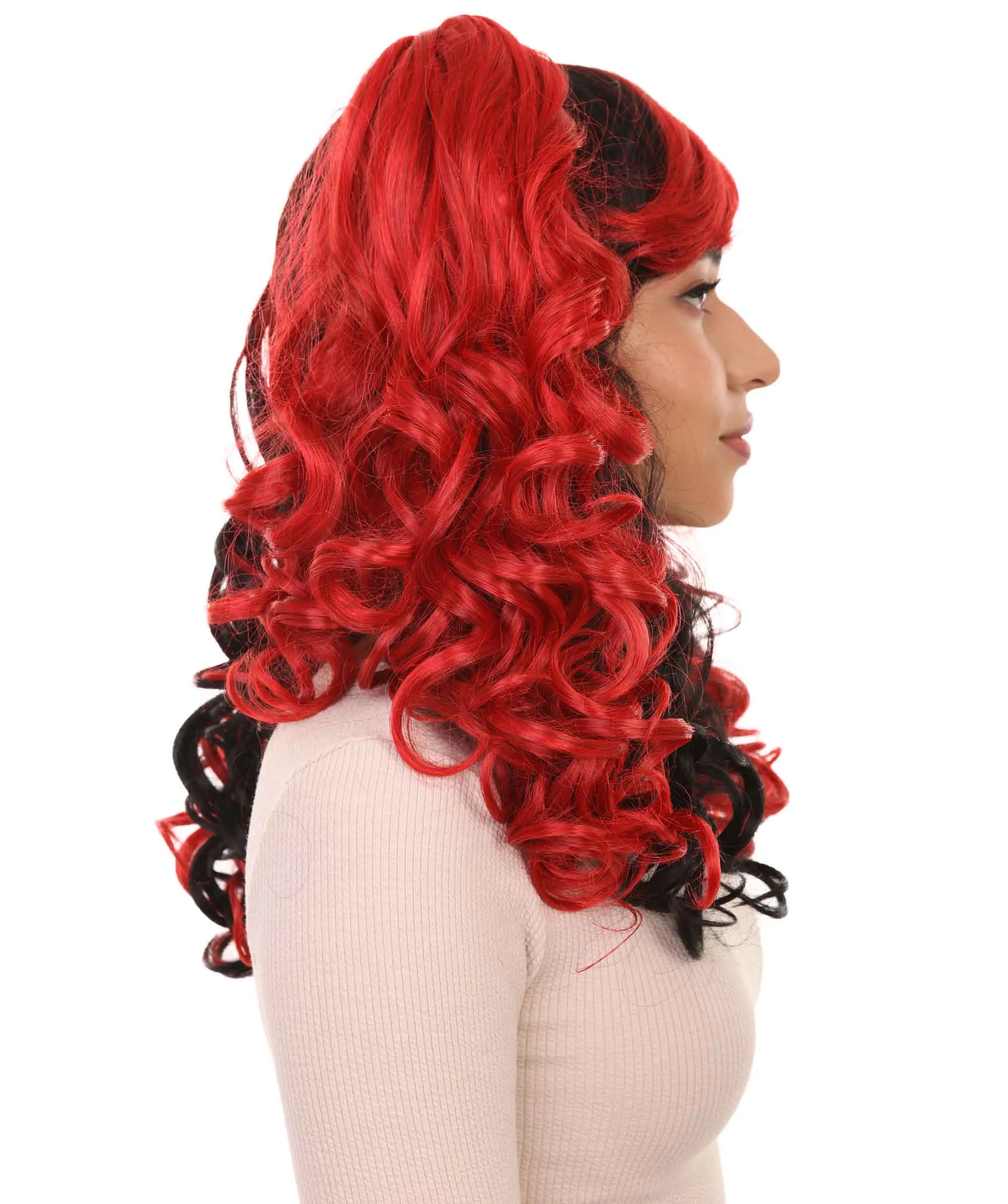 Black and Red Jester Womens Wig | Long Curly Cosplay Halloween Wig | Premium Breathable Capless Cap