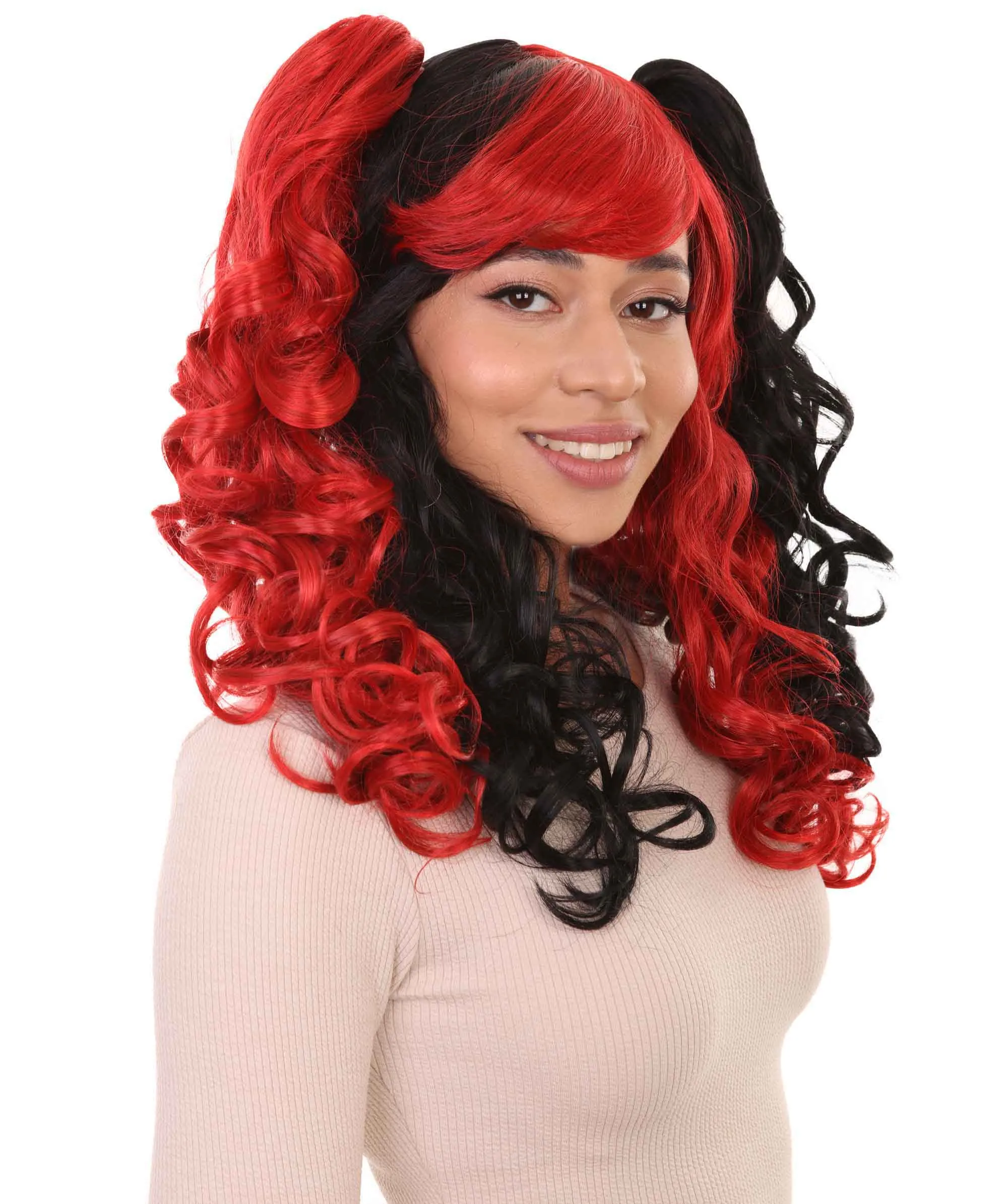 Black and Red Jester Womens Wig | Long Curly Cosplay Halloween Wig | Premium Breathable Capless Cap