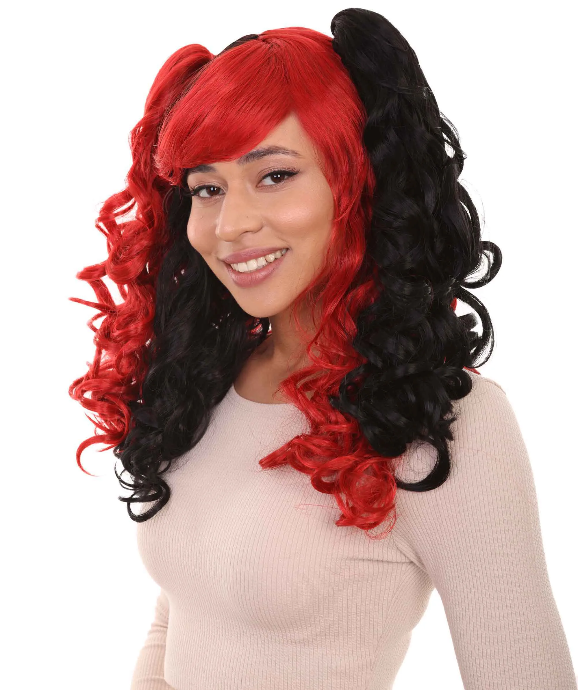 Black and Red Jester Womens Wig | Long Curly Cosplay Halloween Wig | Premium Breathable Capless Cap