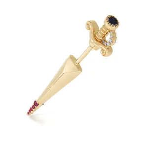 Black and White Diamond Long Sword with Ruby Drops Earstud by Maria Tash in 18K Yellow Gold.