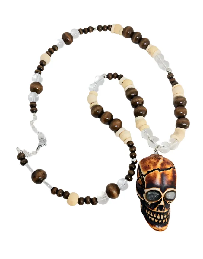 Bone and Quartz Crystal Skull Pendant Necklace