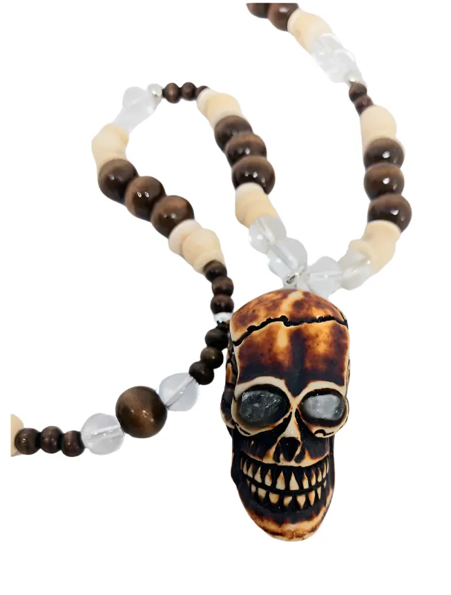 Bone and Quartz Crystal Skull Pendant Necklace