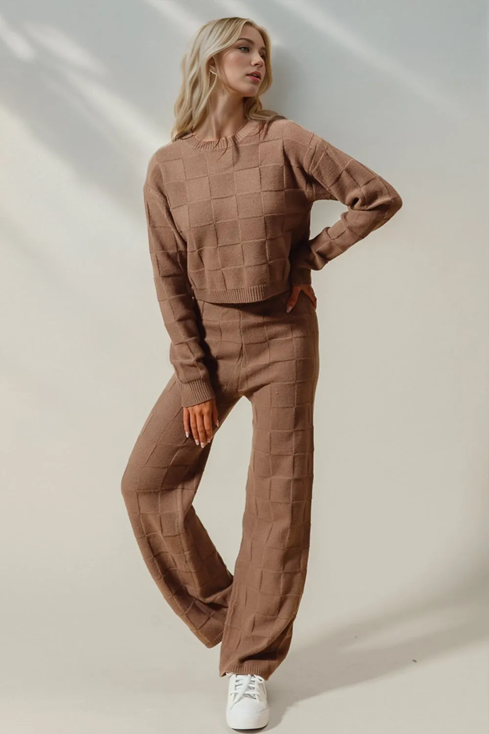 Double Take Full Size Checkered Round Neck Top and Pants Set