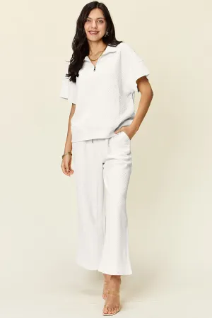 Double Take Full Size Texture Half Zip Short Sleeve Top and Pants Set