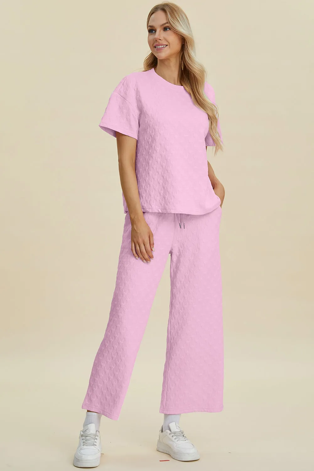 Double Take Full Size Texture Round Neck Short Sleeve Top and Pants Set