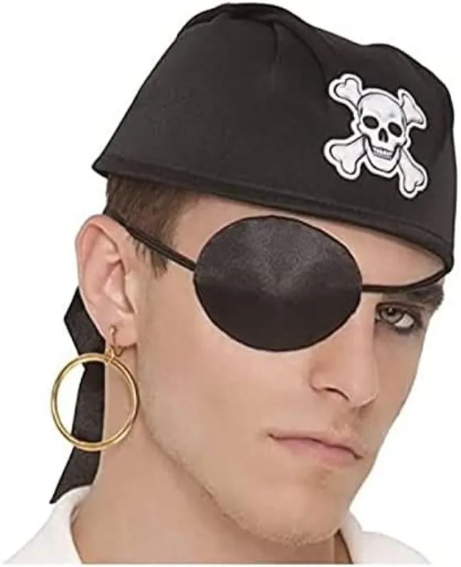 Gold Earring & Black Pirate Patch Set (Adult Size) Costume Accessories - Ideal for Theme Parties, Halloween & Cosplay Events