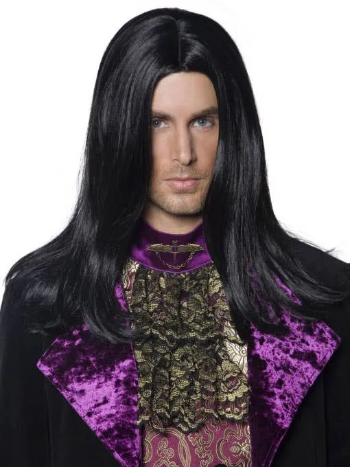 Gothic Count Mens Long Black Halloween Wig