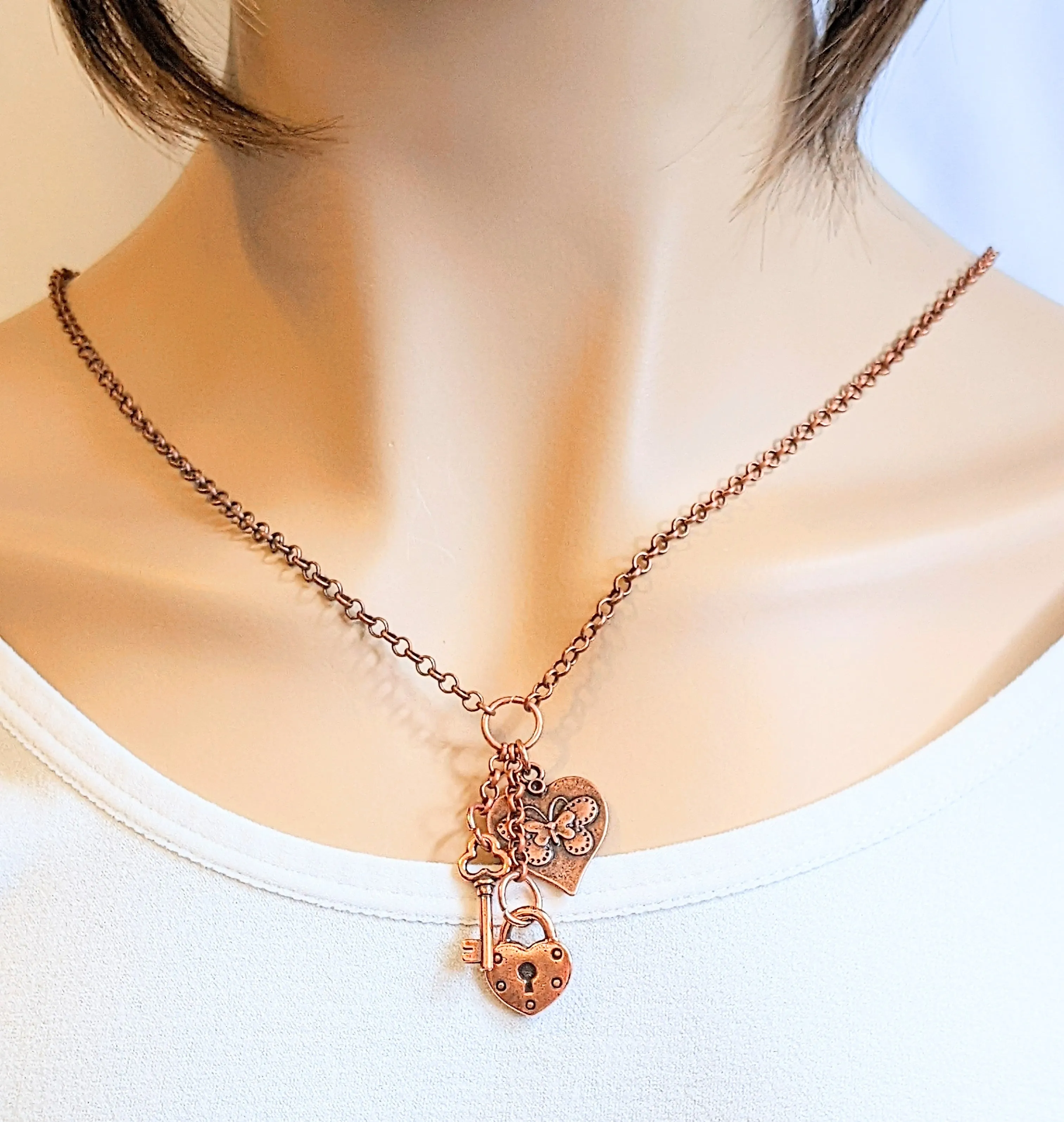 Heart Lock & Key Copper Charm Keeper Necklace, 18-24 inch