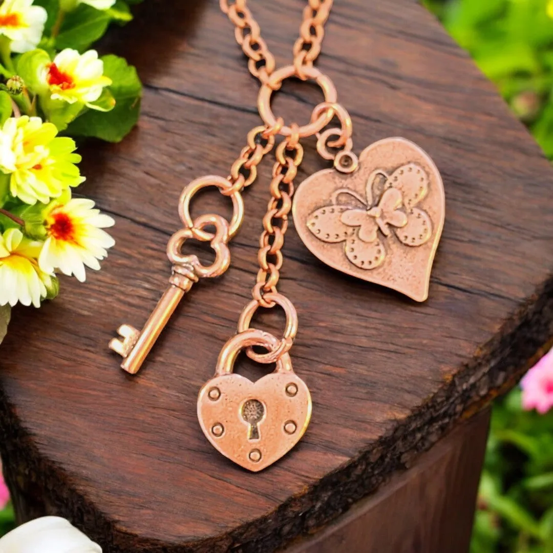 Heart Lock & Key Copper Charm Keeper Necklace, 18-24 inch