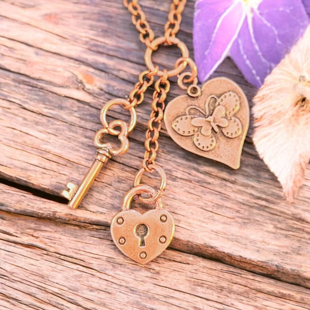 Heart Lock & Key Copper Charm Keeper Necklace, 18-24 inch