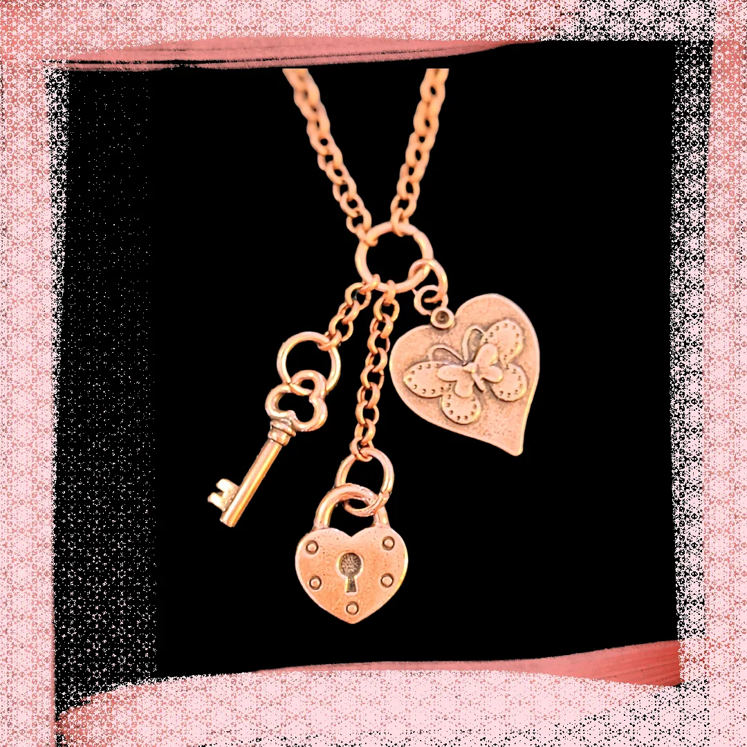 Heart Lock & Key Copper Charm Keeper Necklace, 18-24 inch