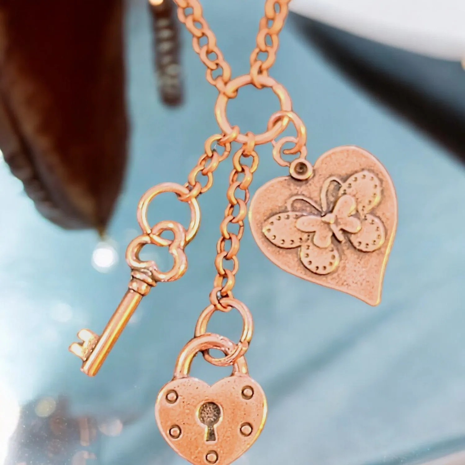 Heart Lock & Key Copper Charm Keeper Necklace, 18-24 inch