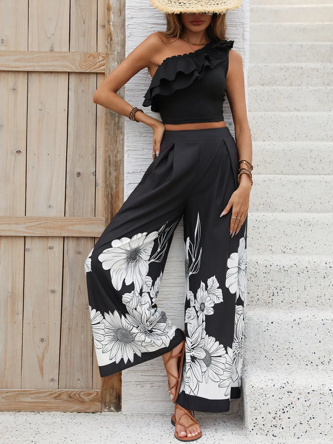 Honey Ruffled Single Shoulder Top and Printed Pants Set