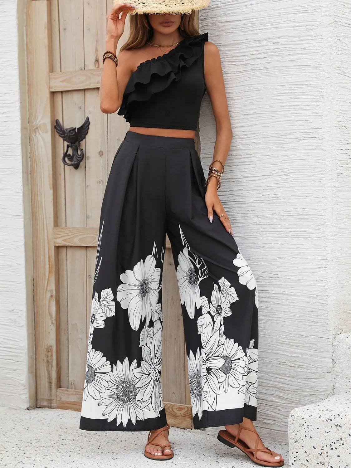 Honey Ruffled Single Shoulder Top and Printed Pants Set