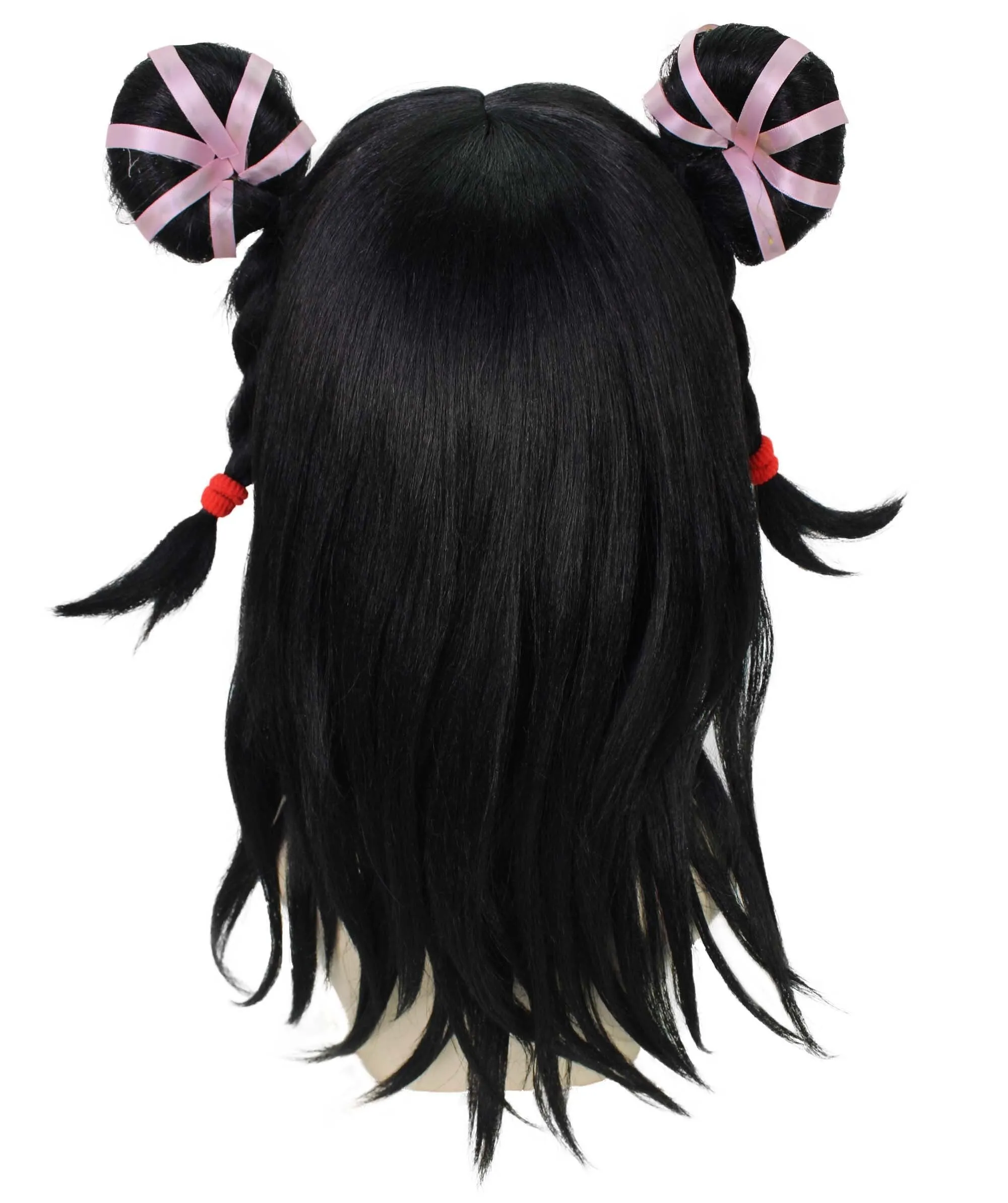 HPO Adult Women's Black Long Straight Double Bun Wig I Flame-retardant Synthetic Fiber